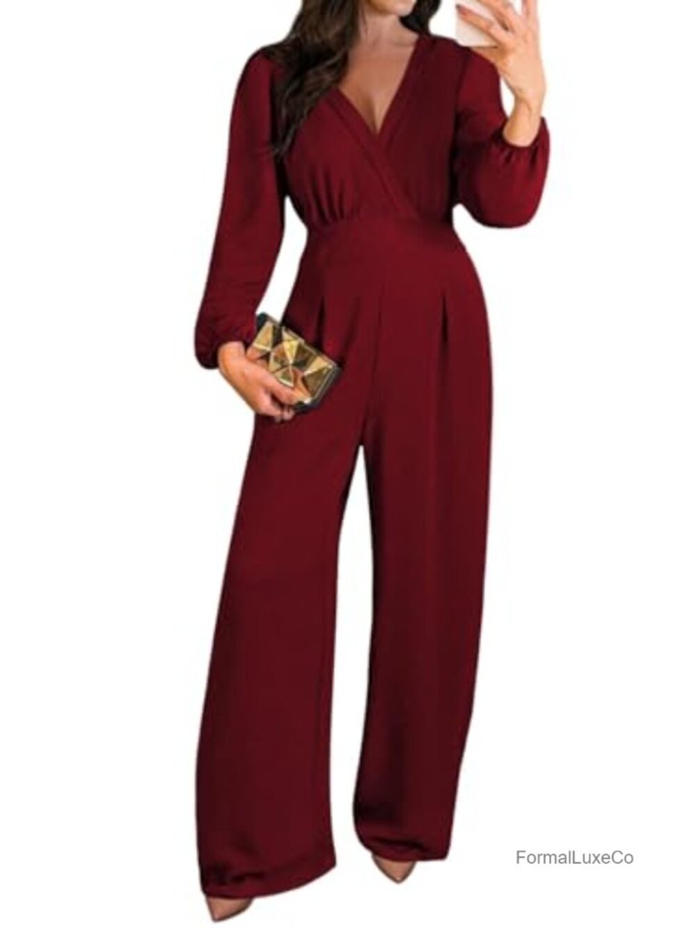 Pink Queen Women's Dressy Wide Leg Jumpsuit Long Sleeve V Neck Romper